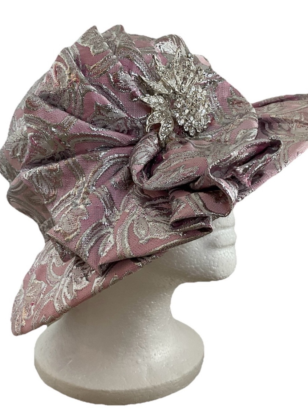 Mr Hi’s Classic Pink w/ Silver Metallic Hat w/Brooch ~Floral ~Church Hat - Picture 5 of 13